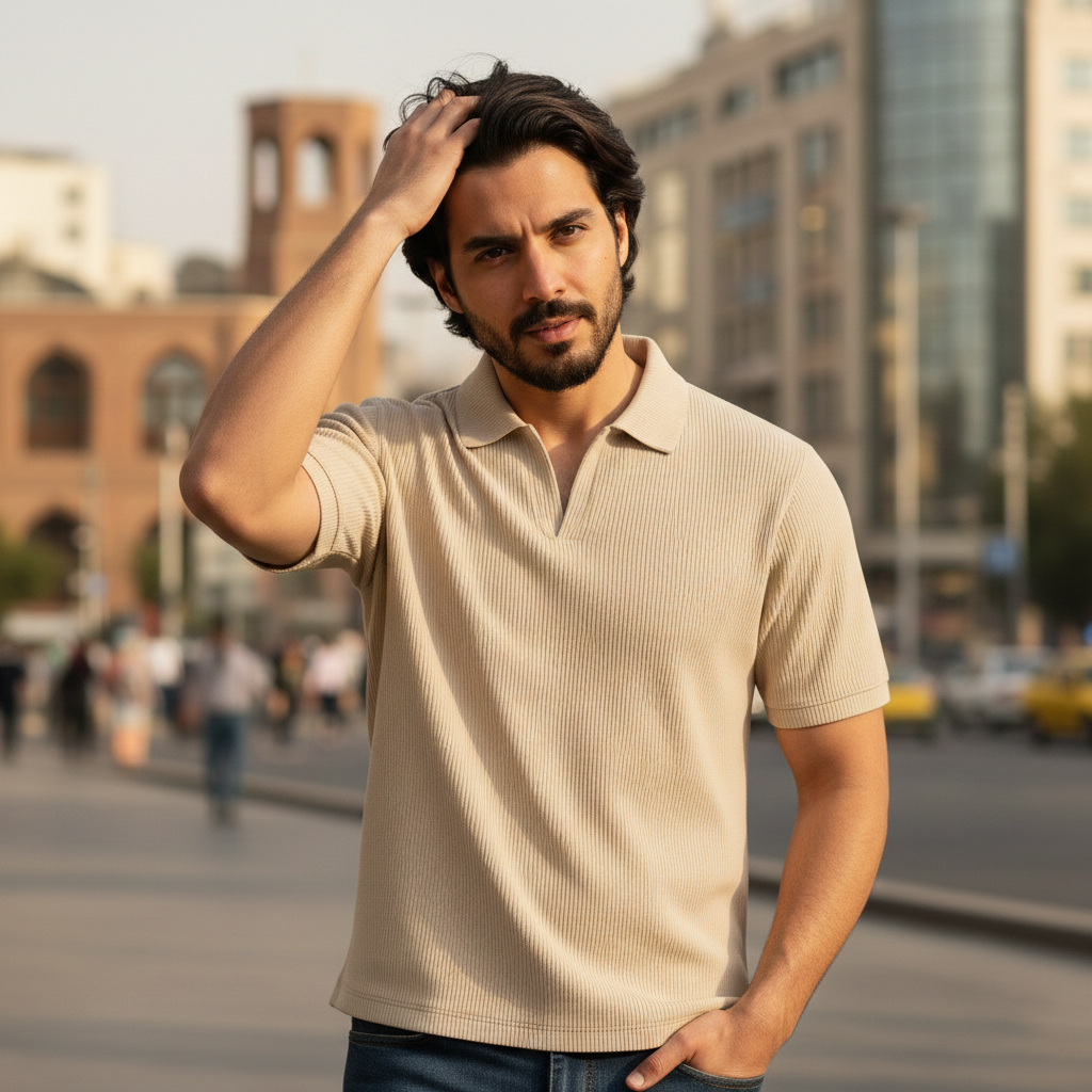 تیشرت میله ای یقه دار tavar-کرم